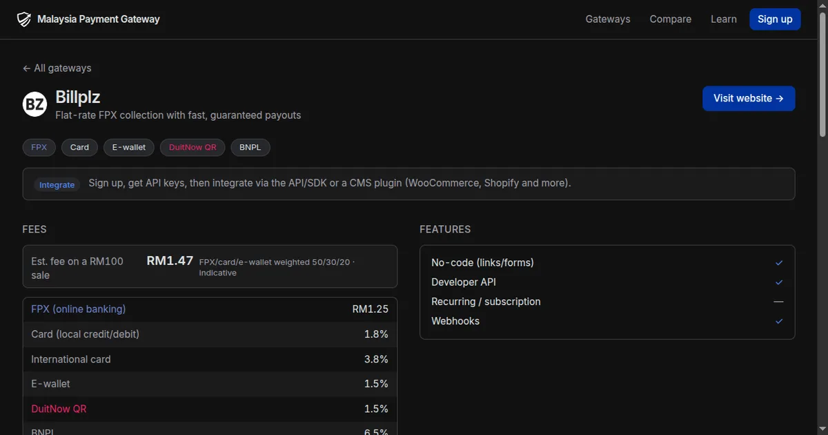 Billplz fee card on MPG showing FPX, card and e-wallet rates